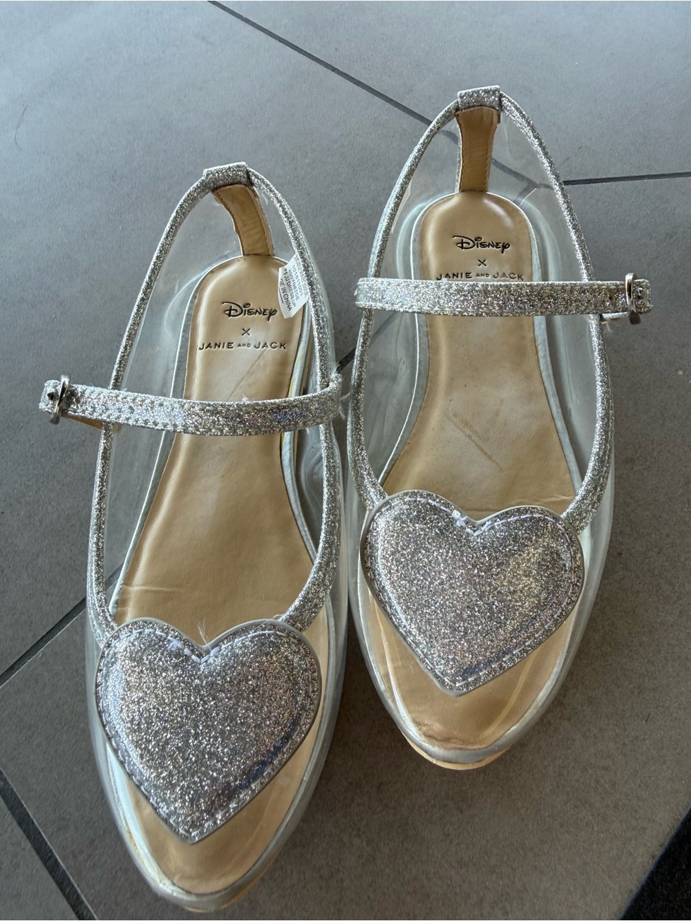 Disney x Janie and Jack Silver Glitter Heart Mary Jane Princess Clear Flats